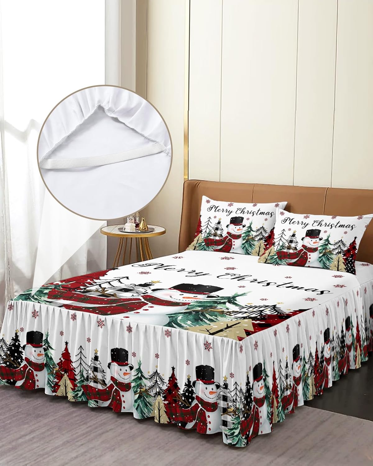 Juego de sábanas de falda de cama de Navidad, 1 sábana y 2 fundas de almohada, falda de cama tamaño matrimonial de 18 pulgadas de caída, muñeco de