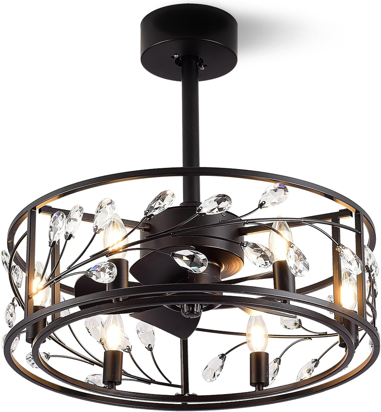 Ventilador de techo enjaulado de 20 pulgadas con luces y control remoto, ventilador de techo de perfil bajo de cristal negro con 3 cuchillas
