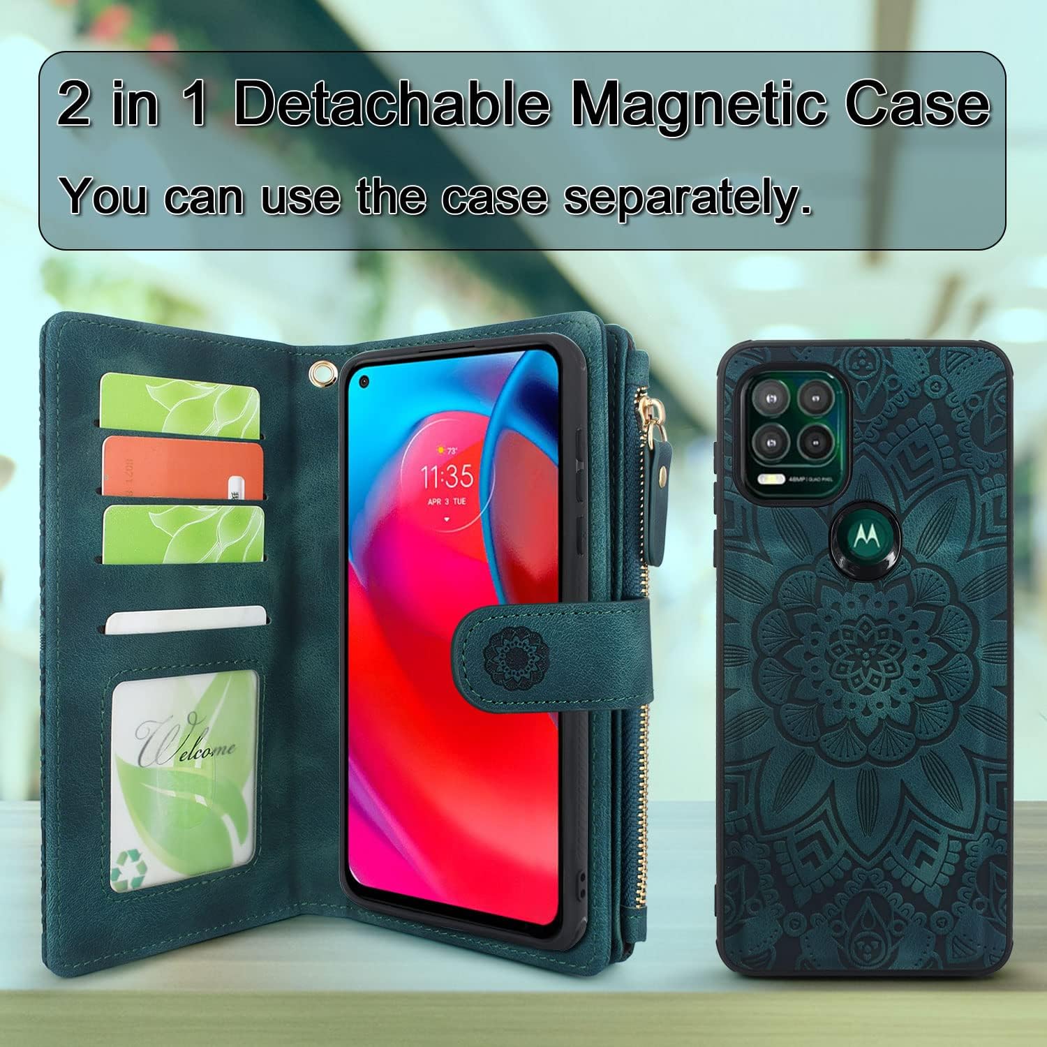 Harryshell Funda de piel con cremallera magnética desmontable y bolsillo para monedas, 12 ranuras para tarjetas, correa de muñeca para Motorola Moto