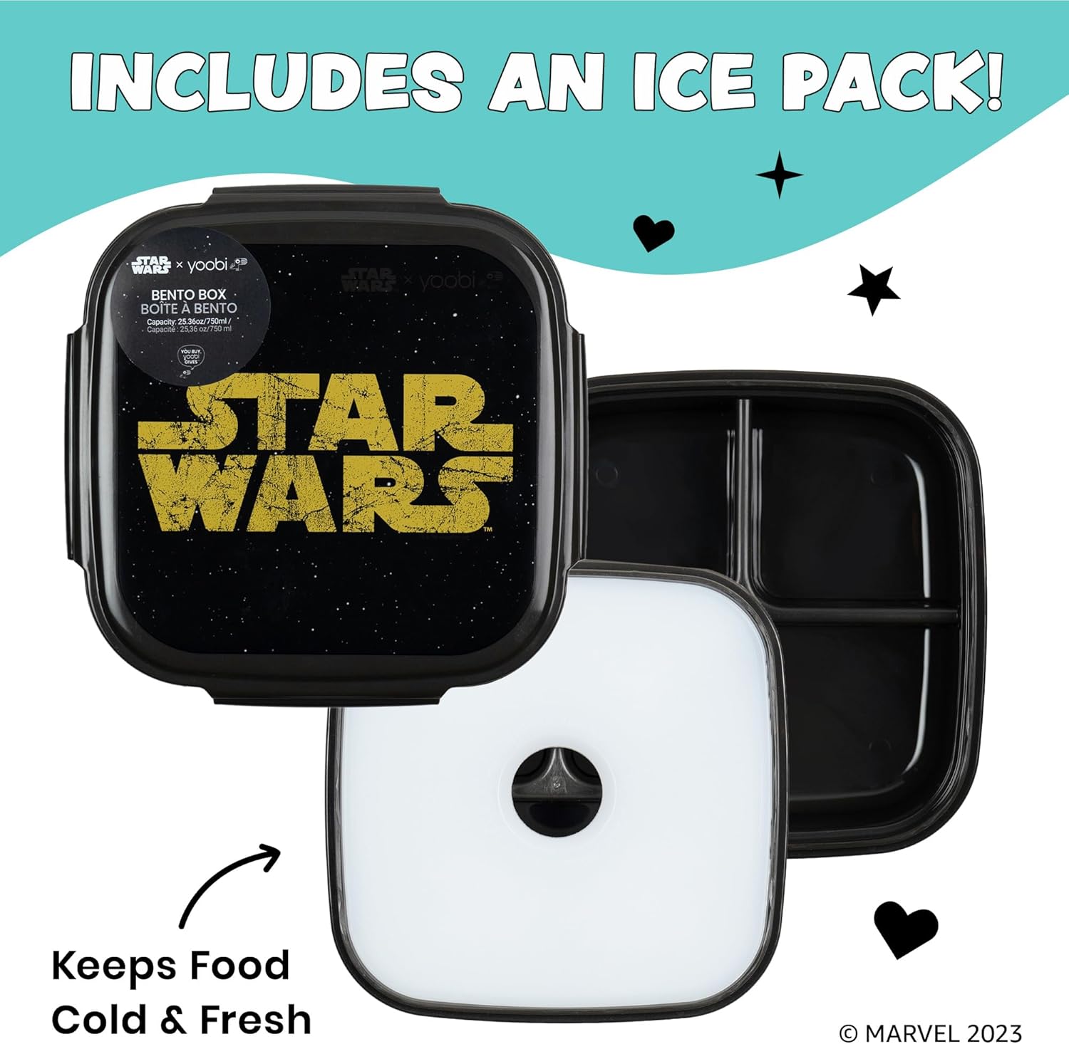 Yoobi Star Wars X Classic – Caja Bento y bolsa de hielo negra – Lonchera de 3 compartimentos, apta para lavavajillas y microondas, contenedor de