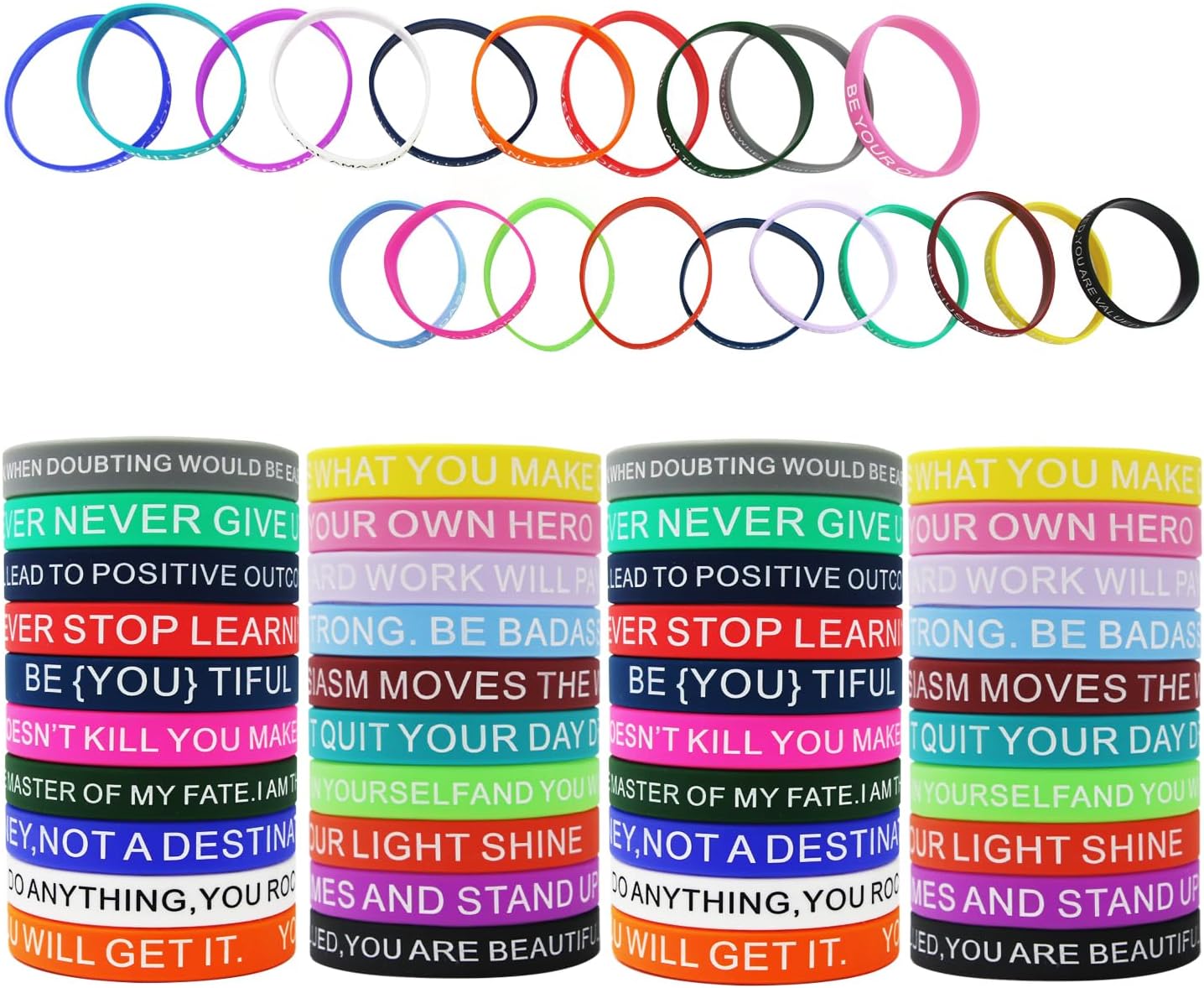 60 pulseras de silicona con cita motivacional, pulseras de goma inspiradoras de colores, impermeables, elásticas, unisex, para fitness, deportes,