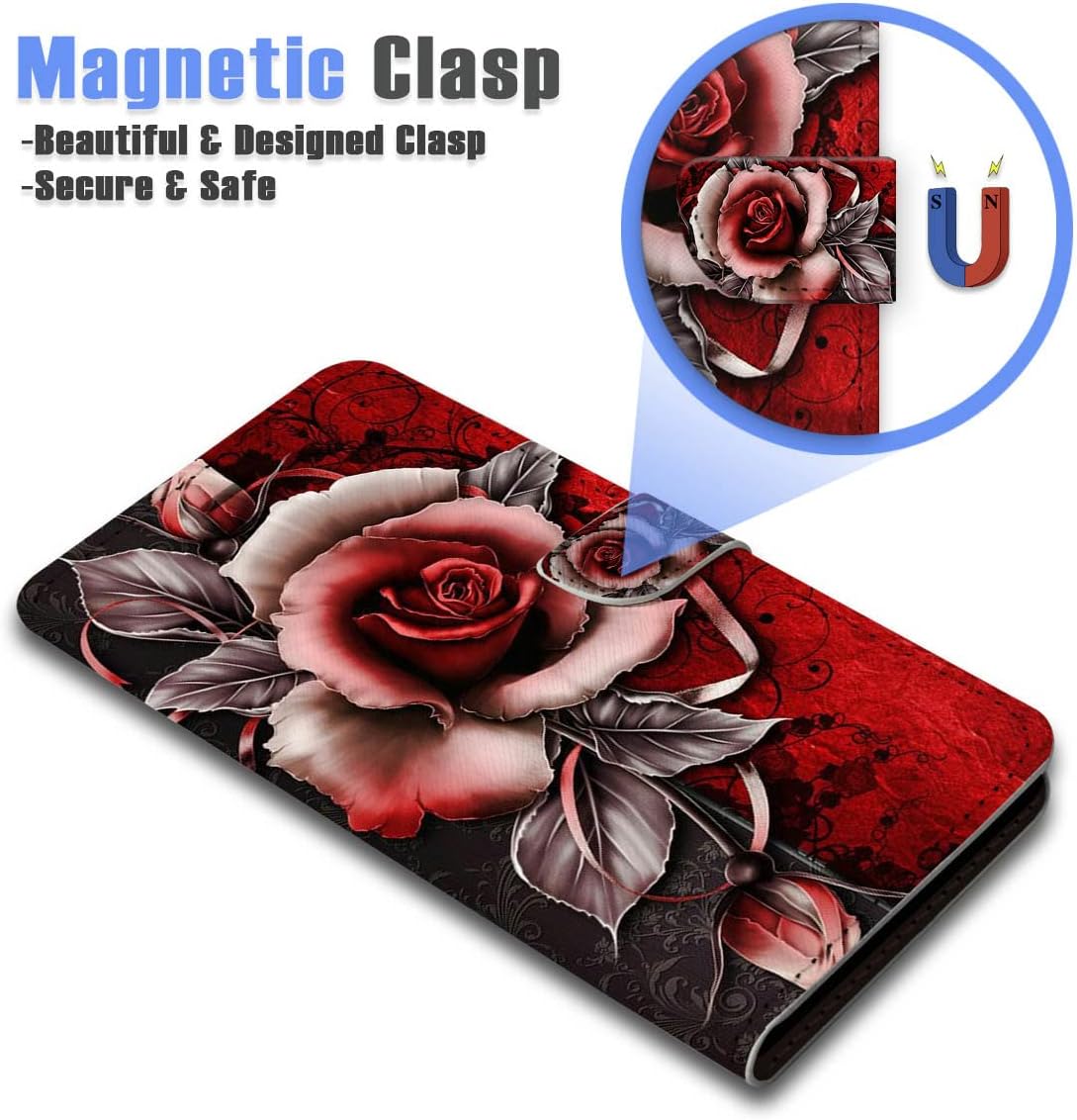 Funda con tapa para iPhone 12, diseño artístico, diseño de flores, protección de cuerpo completo AD003 (# 24878 rojo gótico rosa)