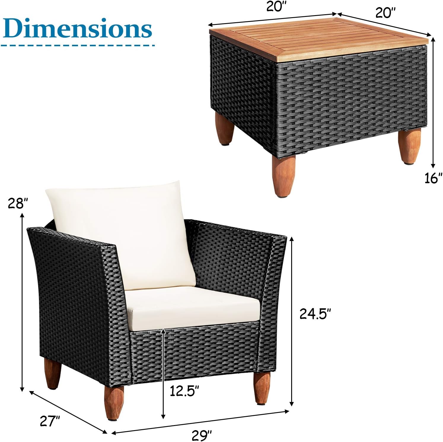 COSTWAY Juego de muebles de ratán de patio al aire libre 3PCS sofá acolchado de madera blanco