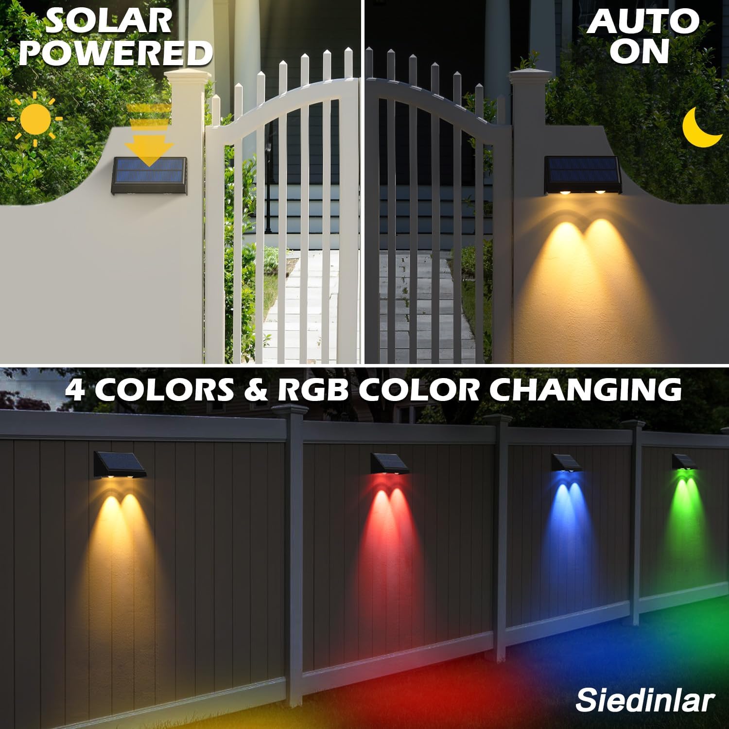 SIEDiNLAR Luces solares para valla al aire libre, 50 lúmenes, 5 modos, luz solar para cubierta, impermeable, decoración de patio trasero para pared,