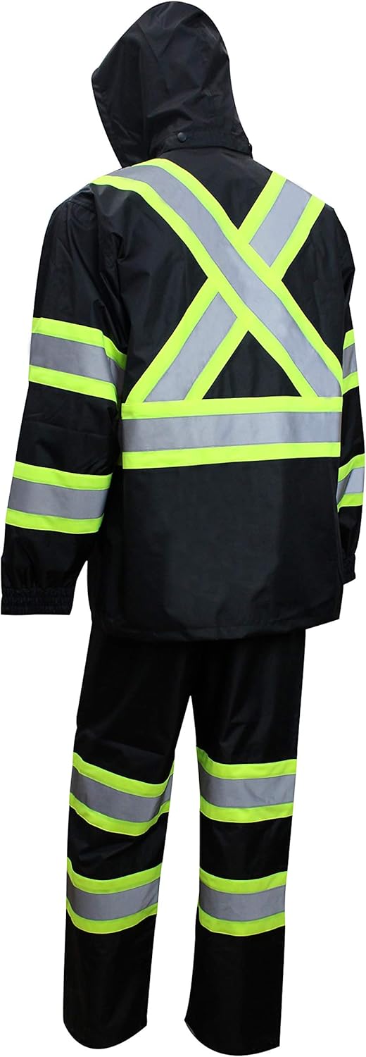 TBK66 – Traje de lluvia clase 3, chaqueta, pantalones de alta visibilidad, parte inferior negra reflectante con patrón en X (4XL, negro), Negro neón