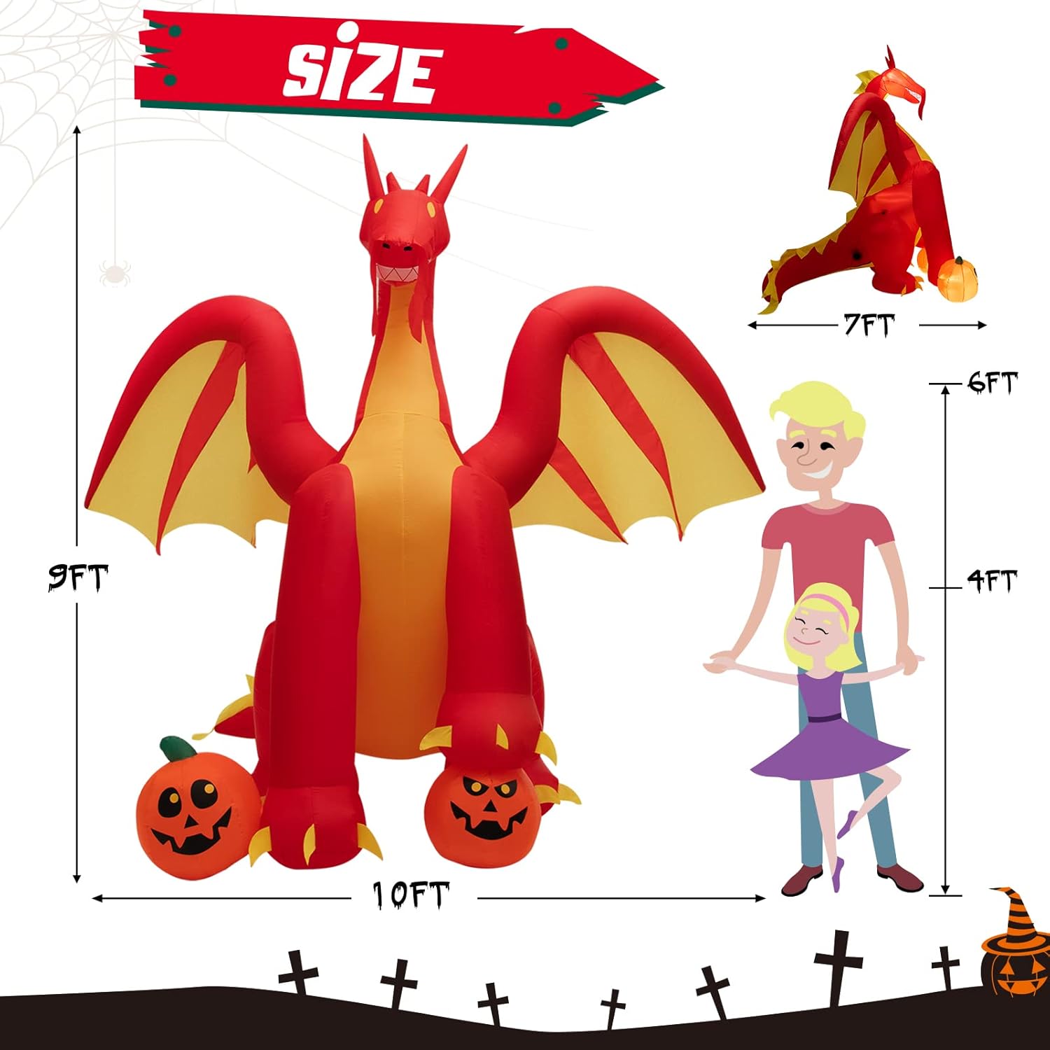 COSTWAY Dragón de fuego animado gigante inflable de 10 pies para decoración de Halloween al aire libre con luces