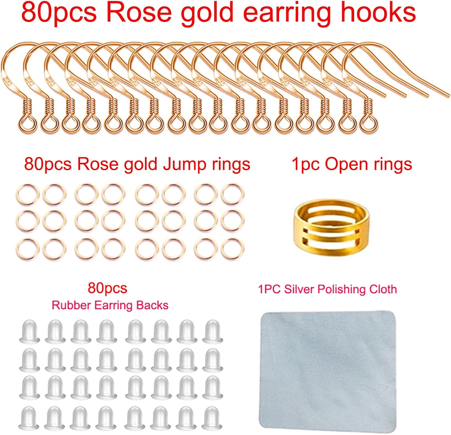 Ganchos para aretes de oro rosa, kit de 240 piezas para hacer aretes con ganchos hipoalergénicos, anillos de salto y parte trasera de goma