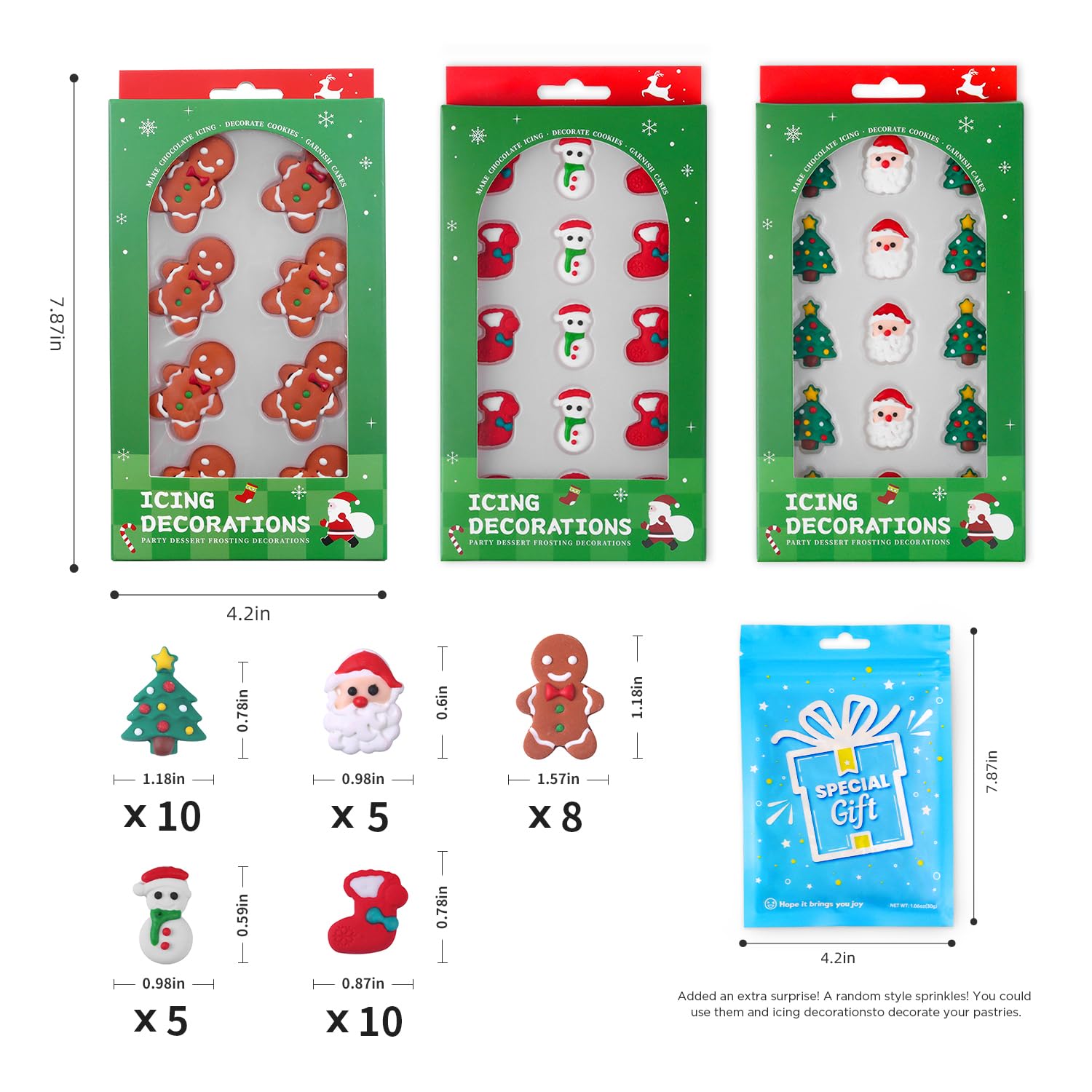 Decoraciones comestibles de galletas de Navidad, hombre de jengibre, árbol de Navidad, Papá Noel, calcetines de Navidad, chispas de muñeco de nieve