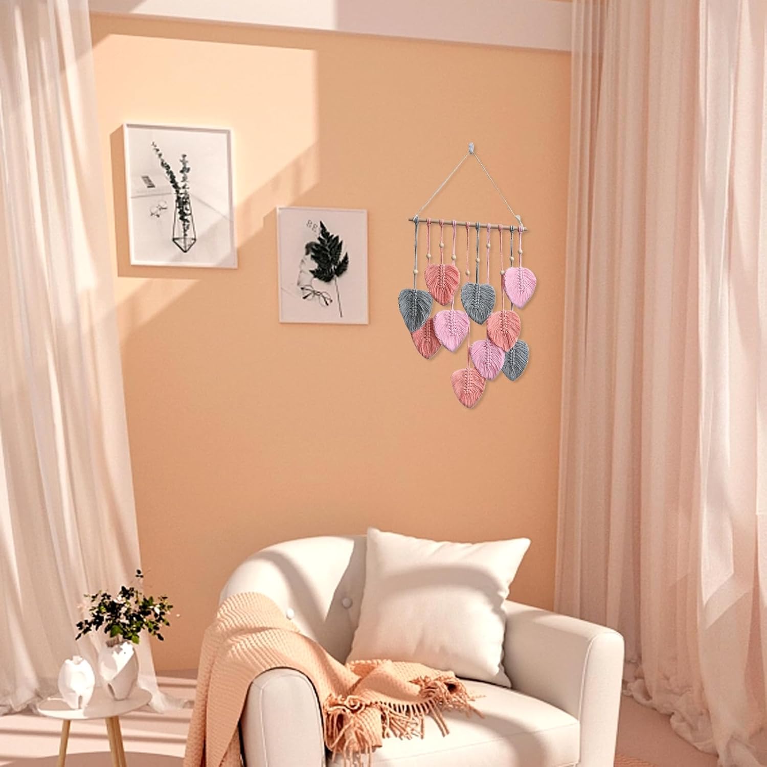 Tapiz de hojas bohemio para colgar en la pared, tapiz para colgar en la pared, hilo tejido de plumas hechas a mano, tapiz bohemio, decoración de