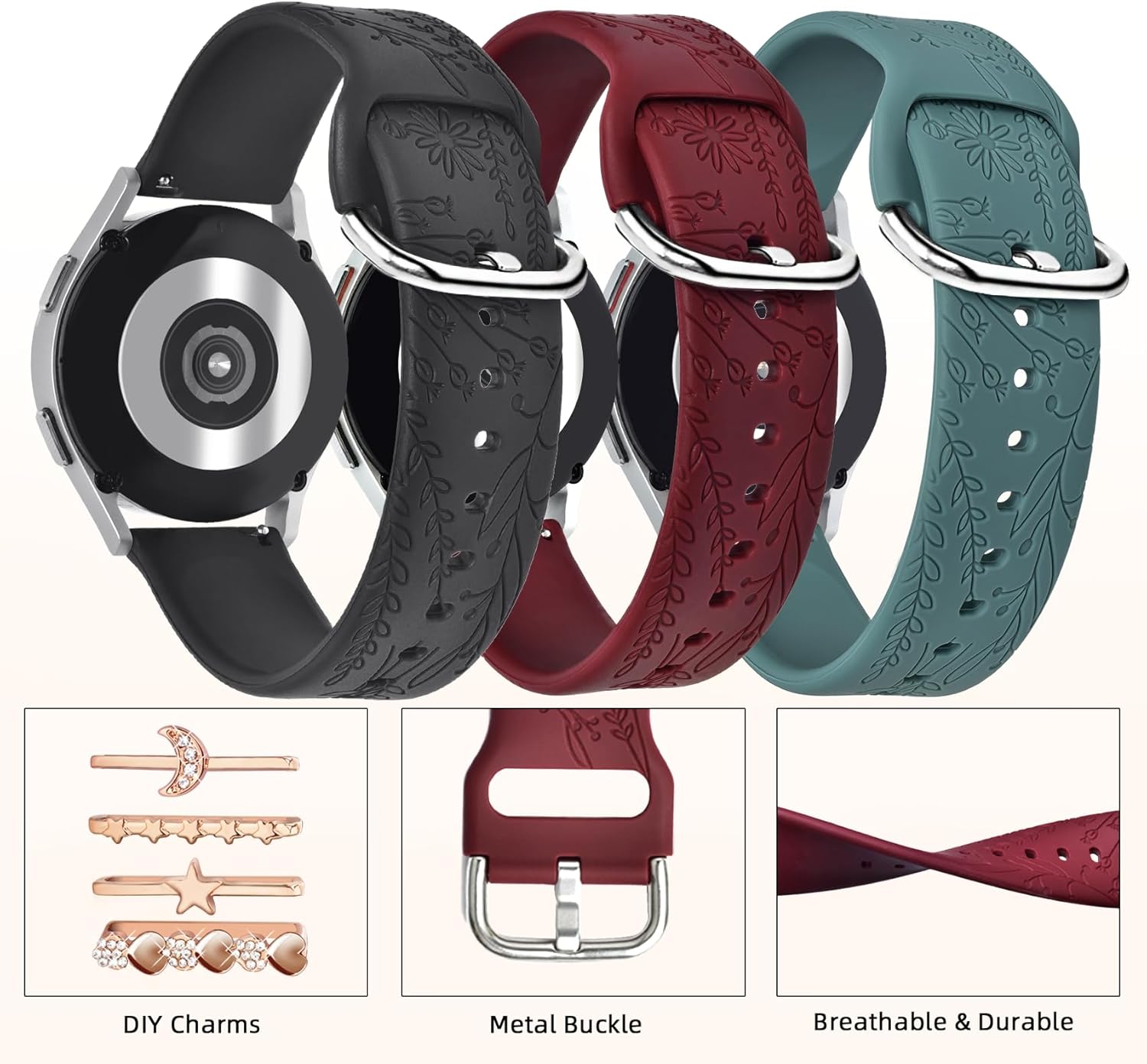ORATYFAN Correas para Samsung Galaxy Watch 654 Band 1.575 in 1.732 in con dijes, correa de repuesto de silicona grabada con flores de 0.787 pulgadas