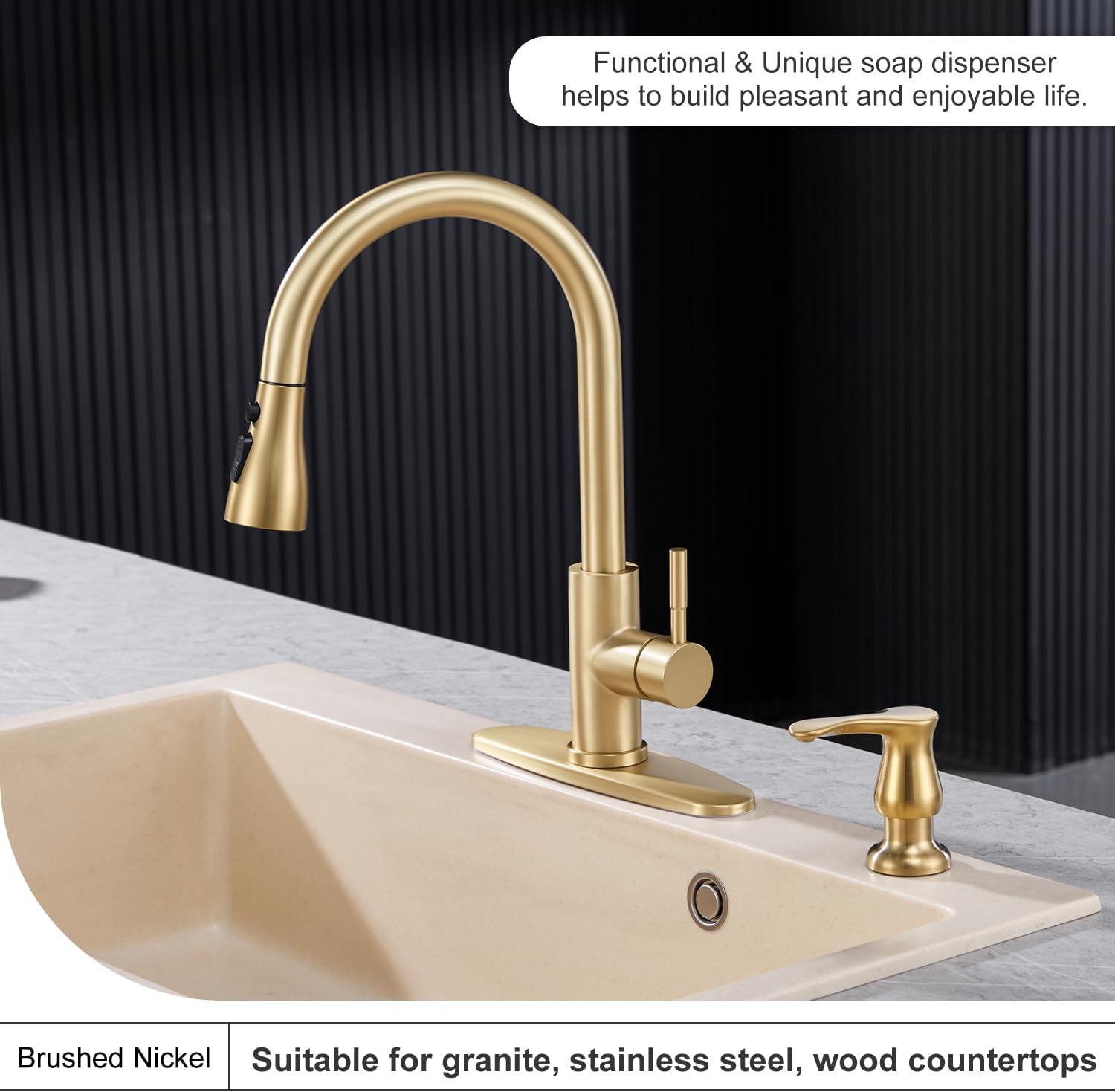 GAGALIFE Dispensador de jabón para fregadero de cocina, dorado cepillado, dispensador de jabón debajo del fregadero con kit de tubo de extensión de