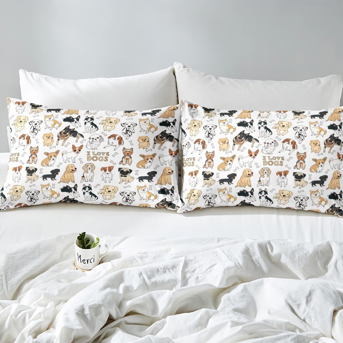 Juego de edredón de perro con texto en inglés “I Love Dogs”, juego de ropa de cama con estampado de pug corgi shiba y cachorro para niños y niñas,