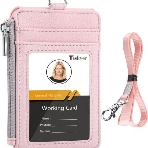 Teskyer Portatarjetas con bolsillo lateral con cremallera, múltiples ranuras para tarjetas, cartera de piel con cordón para el cuello para personal Teskyer Portatarjetas con bolsillo lateral con cremallera, múltiples ranuras para tarjetas, cartera de piel con cordón para el cuello para personal