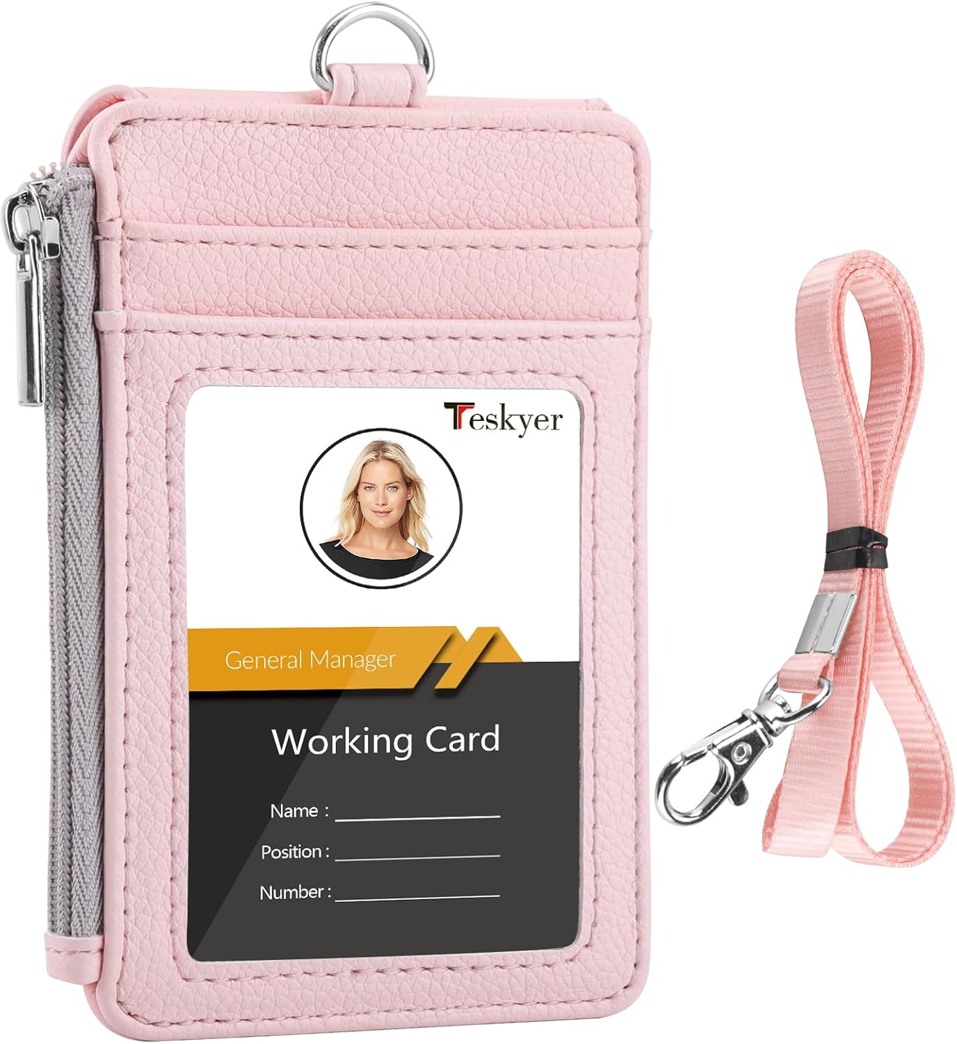 Teskyer Portatarjetas con bolsillo lateral con cremallera, múltiples ranuras para tarjetas, cartera de piel con cordón para el cuello para personal