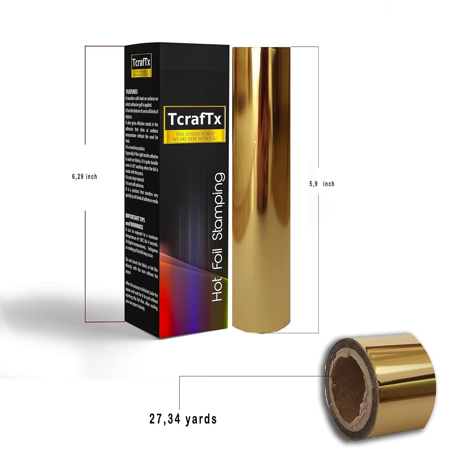 TcrafTx Rollo de transferencia de papel de aluminio caliente para máquina y textil Minc, 5.90 “x 82 pies lámina metálica caliente (dorado)
