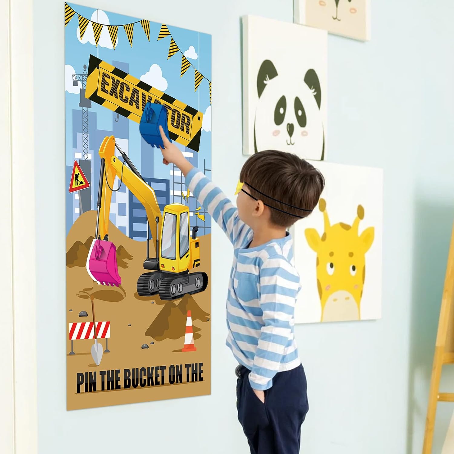 Hxezoc Pin The Bucket on The Excavator Game con 32 cubos grandes de construcción para juegos de fiesta para niños, fiesta de cumpleaños, suministros