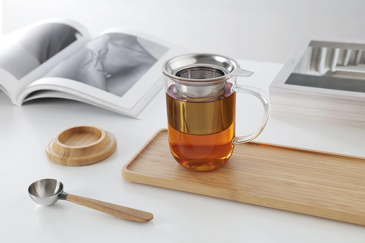 VIVA Minima Balance – Taza de té con infusor de vidrio, taza de 17 onzas  16.9 fl oz con malla de infusión de acero inoxidable y tapa de madera de