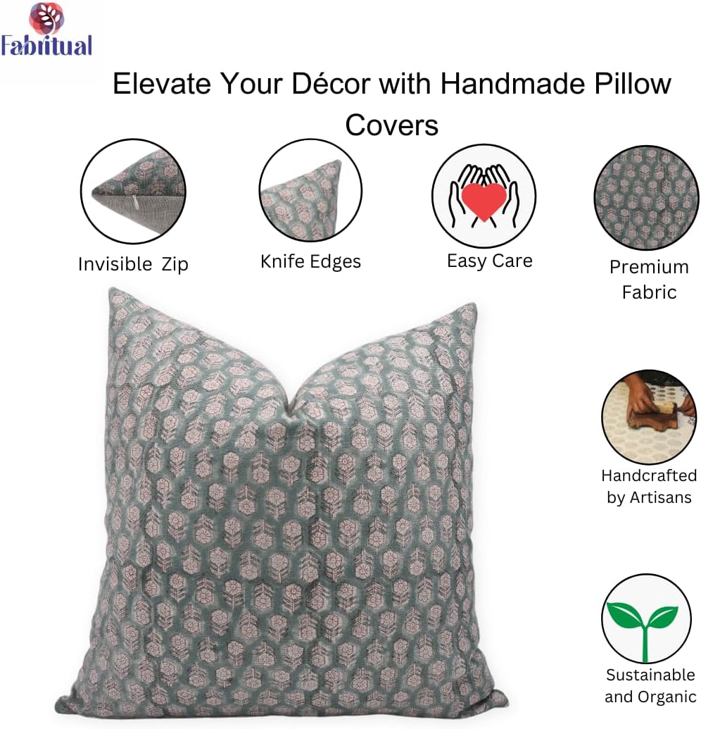 Funda de almohada de lino grueso, almohada para exteriores con estampado de telar a mano, funda de cojín sostenible hecha a mano para sofá y sofá,