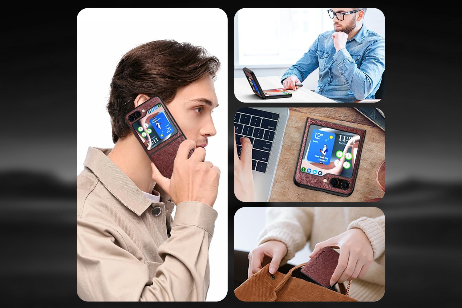 AIORIA Funda para Samsung Galaxy Z Flip5 de 6.7 pulgadas, piel sintética, diseño retro de negocios, funda protectora completa para Samsung Filp5