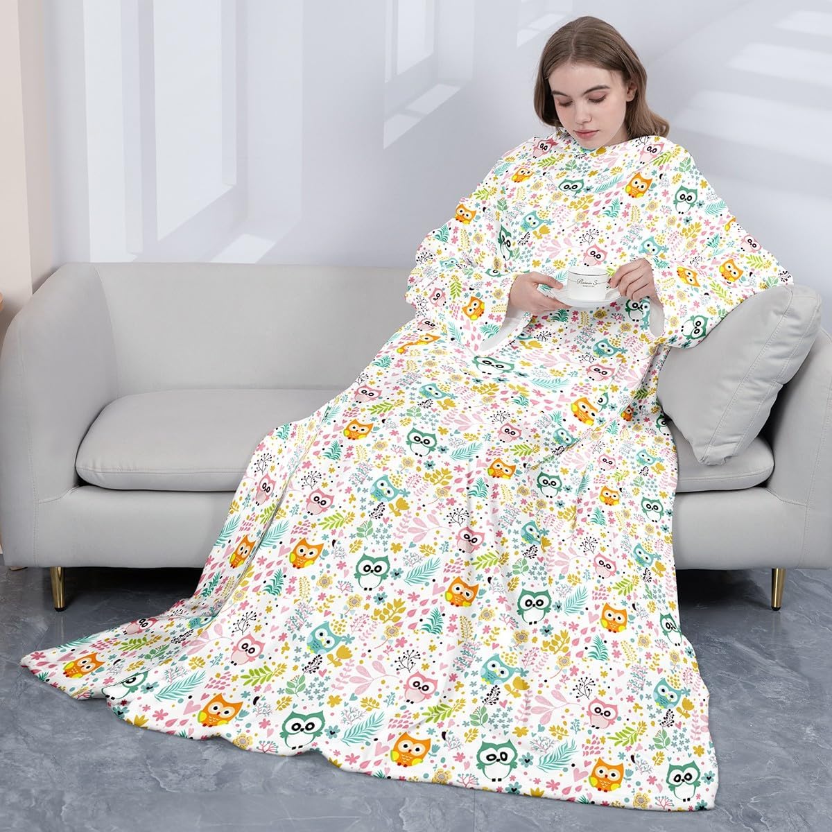 jejeloiu Manta de forro polar con mangas y bolsillo de 50 x 70 pulgadas, manta de forro polar floral de búho de dibujos animados con mangas para