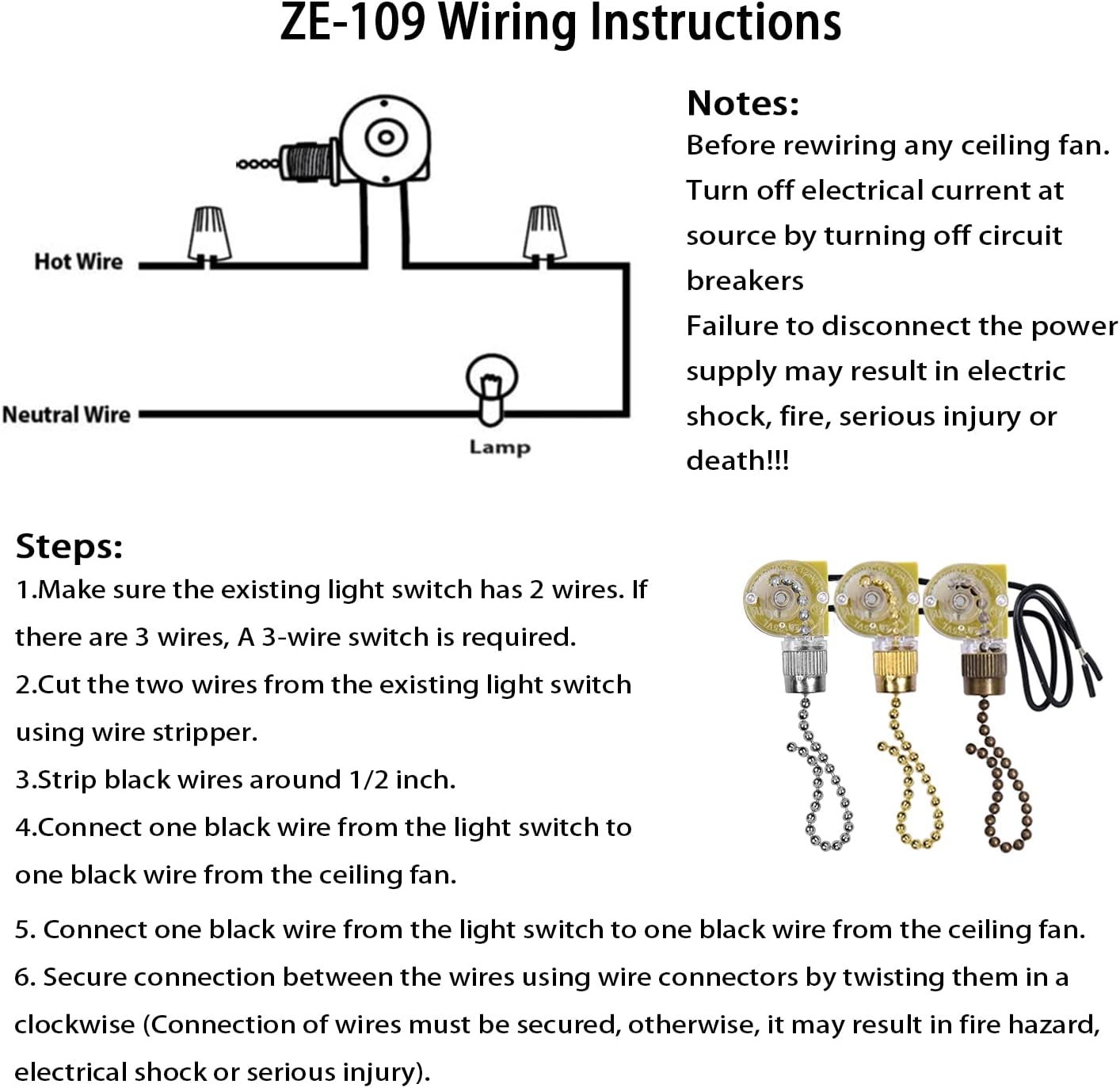 Interruptor de ventilador de techo Zing Ear ZE-109, interruptor de luz de encendido y apagado de dos cables para ventiladores de techo Hunter y