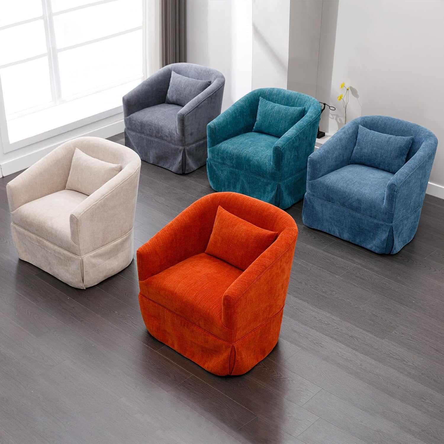 ODUWA Sillón giratorio con acento, tapizado de lino de 360 grados con falda, moderno y cómodo sillón redondo con base de metal y 1 almohada para