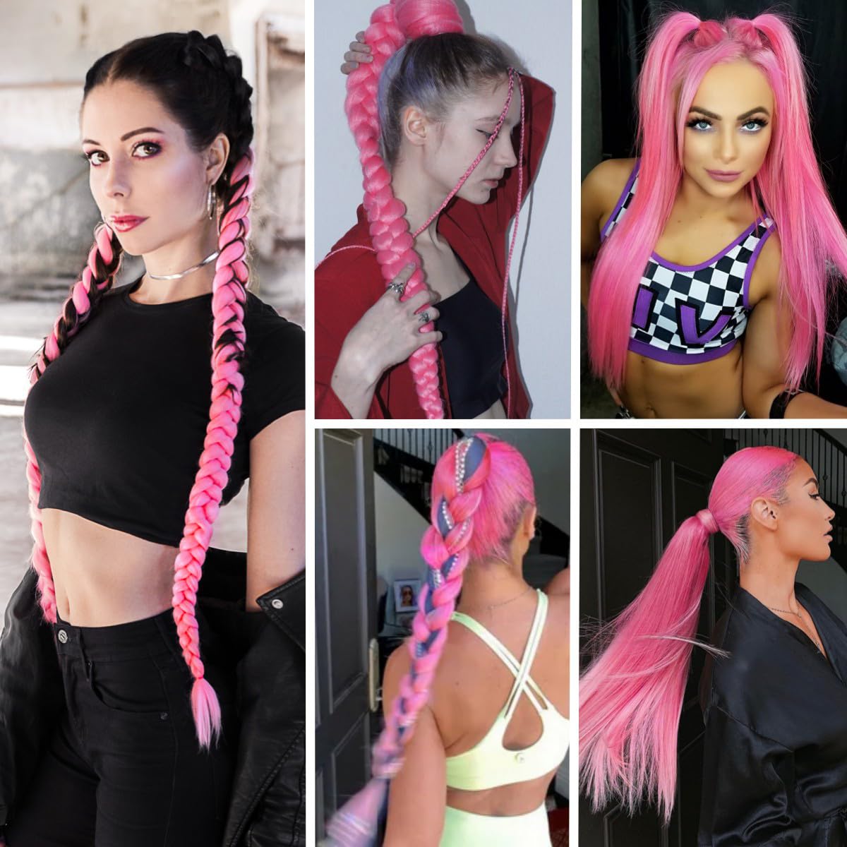 Paquete de 2 extensiones de cola de caballo trenzada con lazo elástico, recta y elegante peluca trenzada envolvente, color rosa degradado, 26