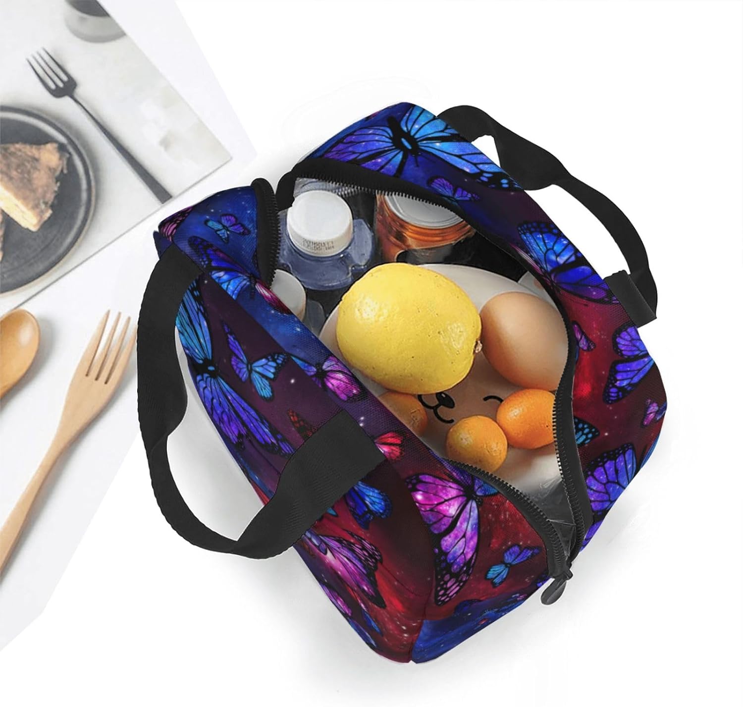 Lonchera aislada para mujer, reutilizable, con bolsillo, para el trabajo, picnic, viajes, mariposa, galaxia