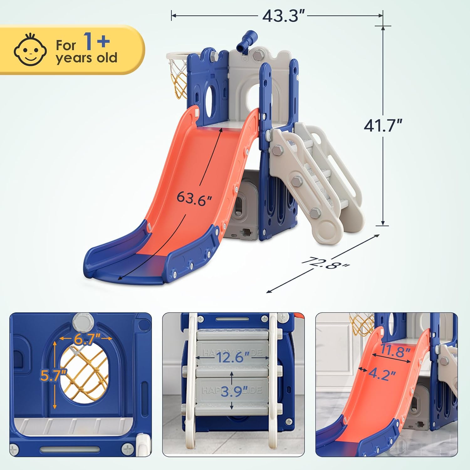Tobogán 7 en 1 para niños pequeños, en forma de L, para niños de 1 año en adelante, con aro de baloncesto y pelota, lanzamiento de anillo, espacio