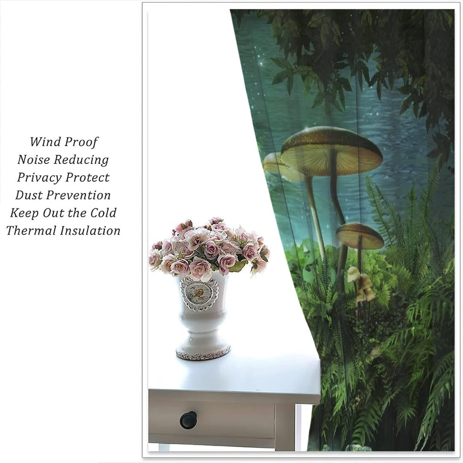 Cortinas de selva de ensueño, cuento de hadas verdes, bosque, estanque, helecho, planta de helecho, pez dorado rojo y hongo, adecuadas para sala de