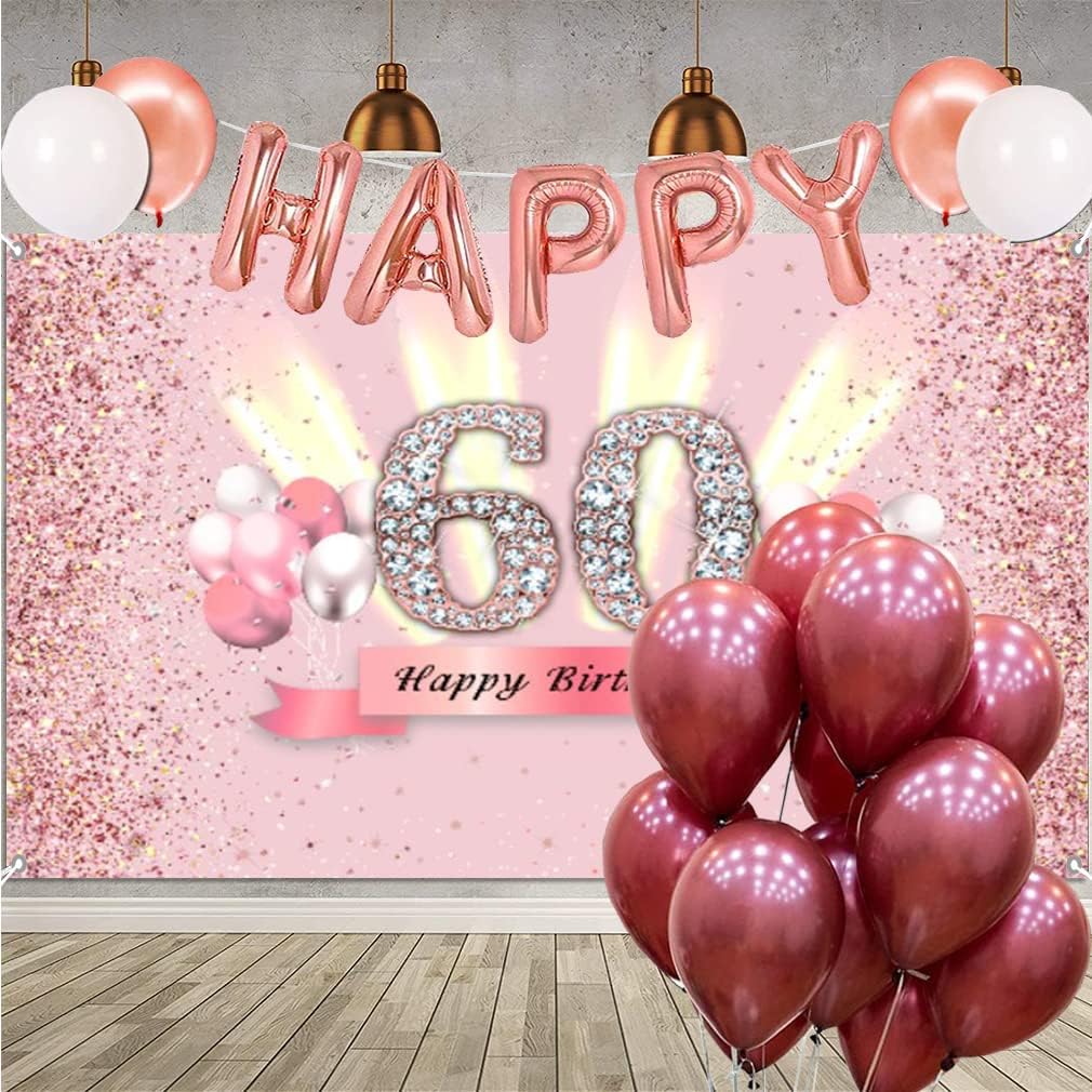 Decoraciones de 60 cumpleaños para mujer, cartel de fondo de feliz cumpleaños 60, cartel de tela para fiesta de aniversario de 60 años, póster de