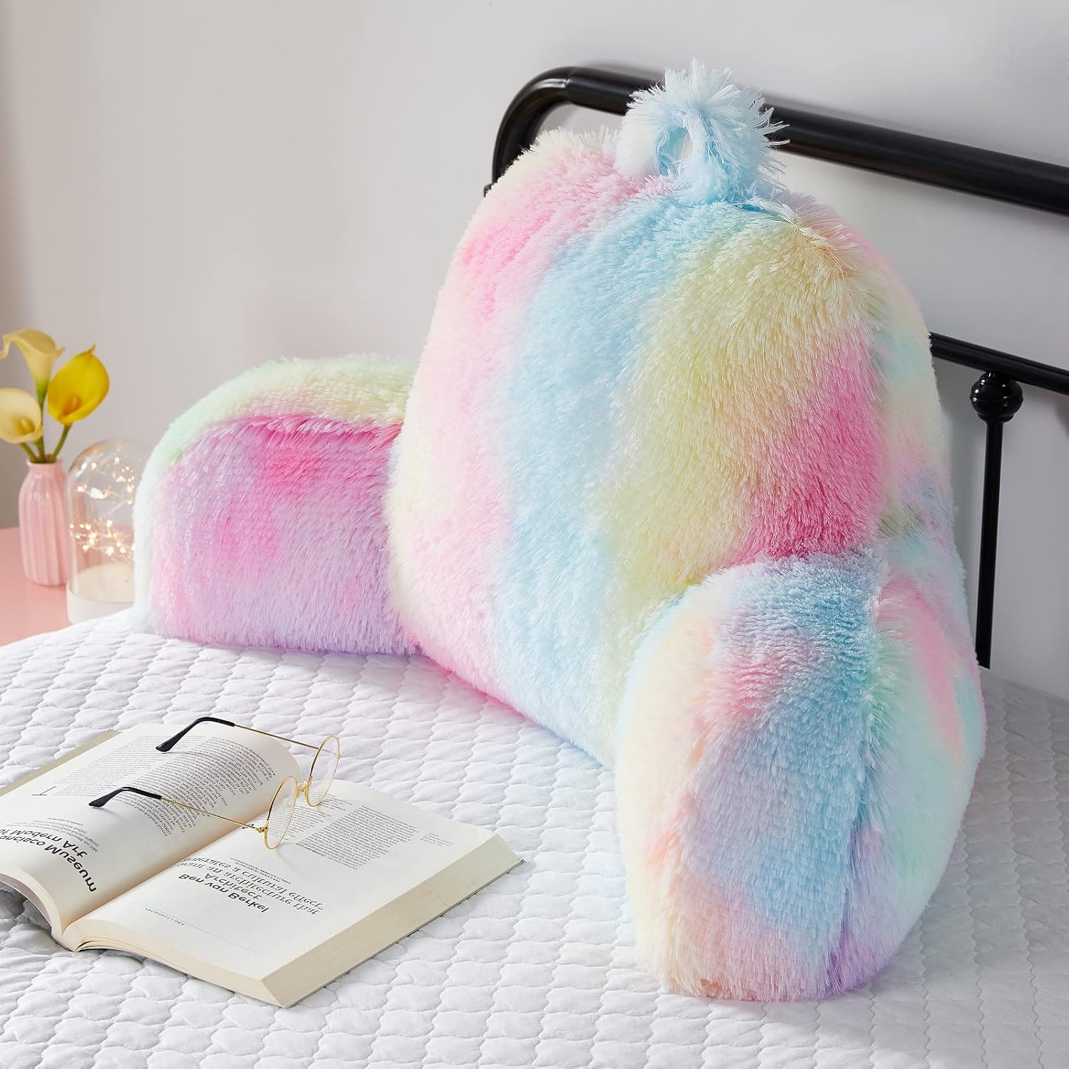 Almohada de lectura para cama, almohada de respaldo de piel sintética con brazos, almohadas de lectura y reposo en cama, colores del arcoíris,