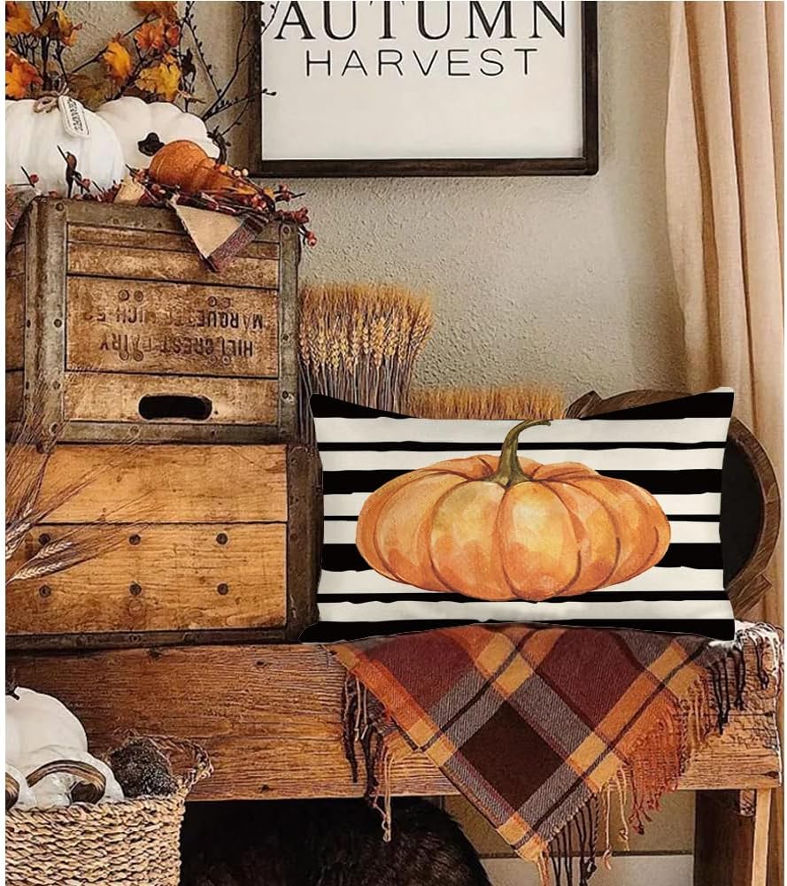 RABUSOFA Fundas de almohada de otoño para exteriores de 12 x 20 pulgadas, almohadas decorativas de otoño, fundas de almohada de calabaza naranja,