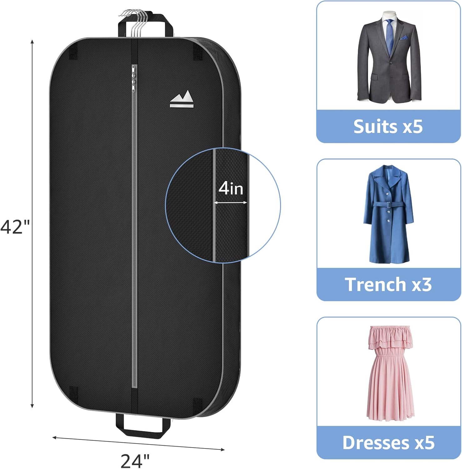 Myee Bolsas de ropa resistentes de 42 pulgadas para colgar ropa de viaje, bolsa de traje para almacenamiento en el armario, bolsas de 4 pulgadas con