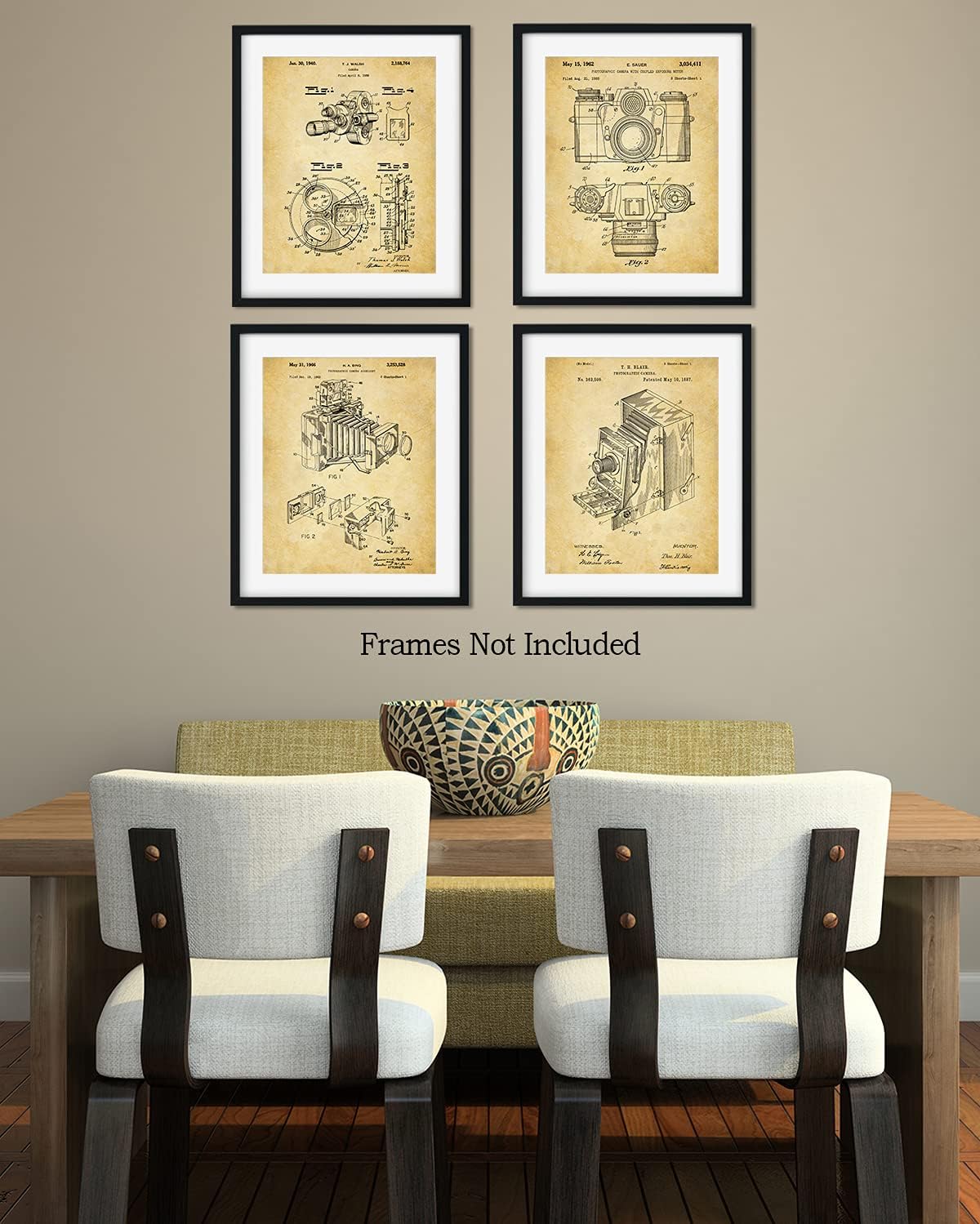 Govivo Patente de cámara antigua un conjunto de cuatro patentes de equipos de fotografía para decoración de pared impresiones con fondos sepia,