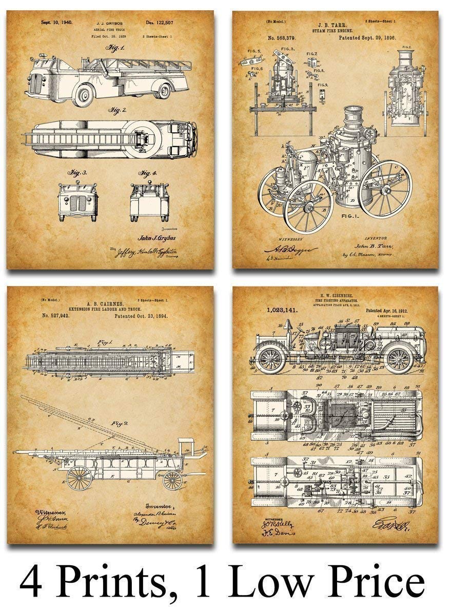 Original Fire Fighter Patent Art Prints – Set of Four Photos (8×10) Unframed – Makes a Great Fire Station Decor and Gift Under $20 for Firefighters