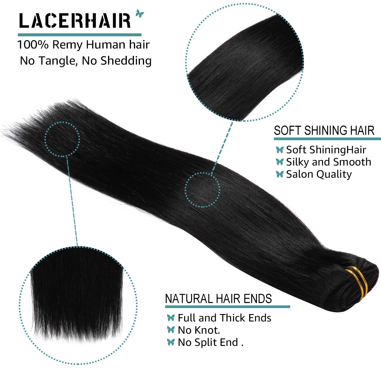 Lacer Extensiones de cabello humano con clip, de doble trama, cabello brasileño de cabeza completa, color negro azabache, extensiones de cabello