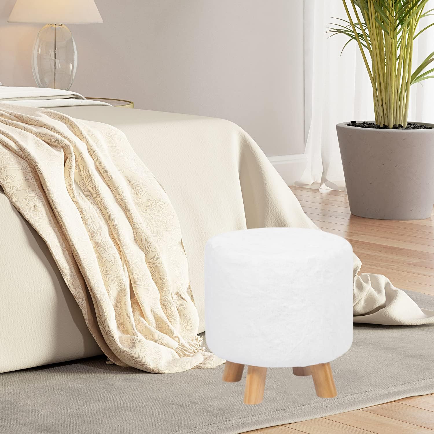 Adeco Reposapiés pequeño redondo con patas de madera, reposapiés peludo, asiento acolchado para mascotas, taburete para sala de estar, dormitorio,