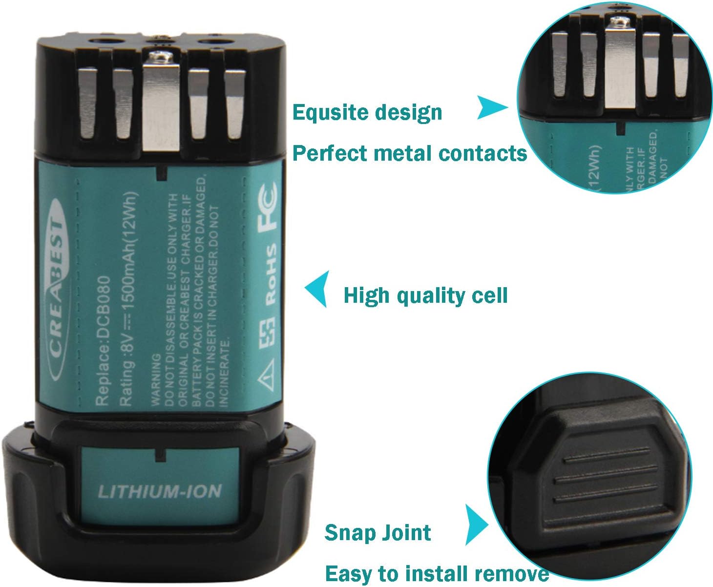 CREABEST Batería de iones de litio de 1500 mAh de 8 voltios compatible con DEWALT MAX DCB080 DW4390 DCF680N1 DCF680N2 DCF680G2