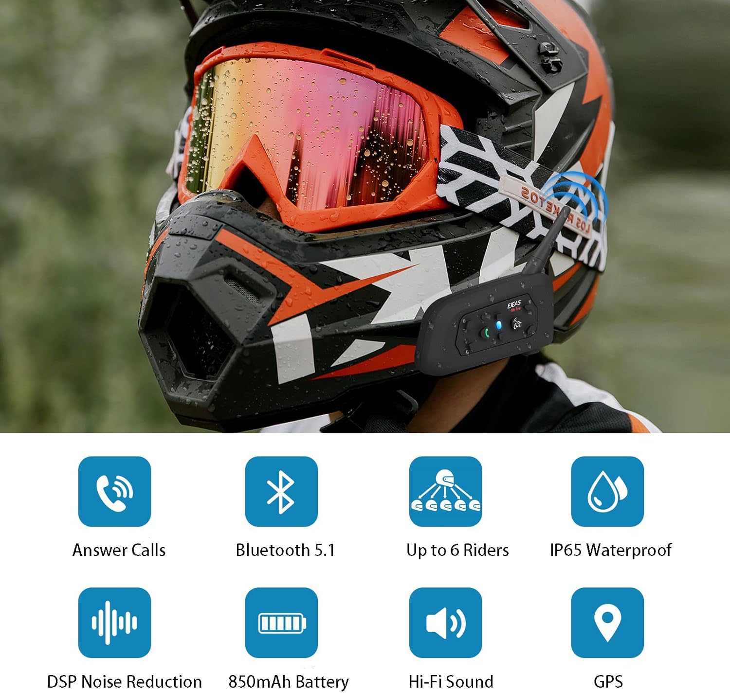 MIMIRACLE V6 Pro – Casco de motocicleta con Bluetooth, hasta 6 ciclistas de 2 vías 1200M IP65, impermeable, sistema de comunicación inalámbrico para