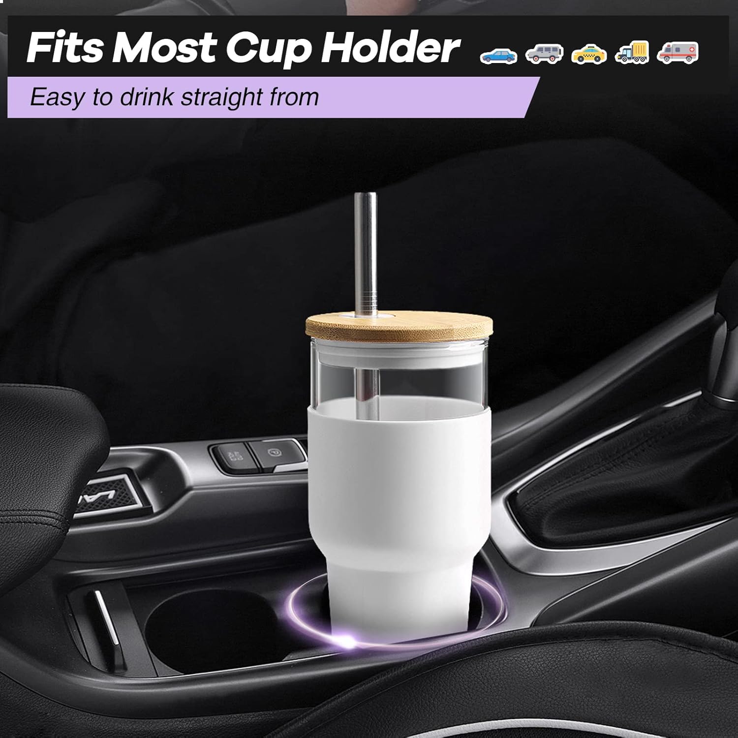 kytffu Vaso con tapa y pajilla, vaso de vidrio de 24 onzas para soporte de tazas, vaso de café helado para té de burbujas, agua, jugo, con funda de