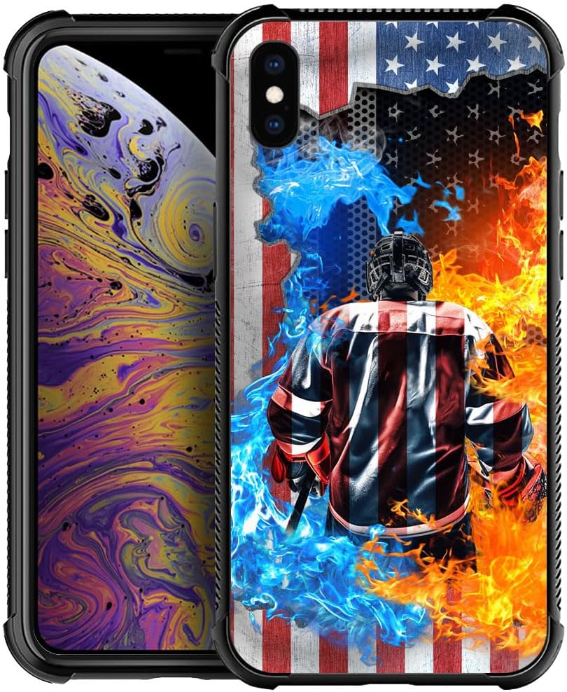 HENOK Funda compatible con iPhone XXs, funda clásica de hockey con bandera estadounidense de hielo y fuego con protección a prueba de golpes y