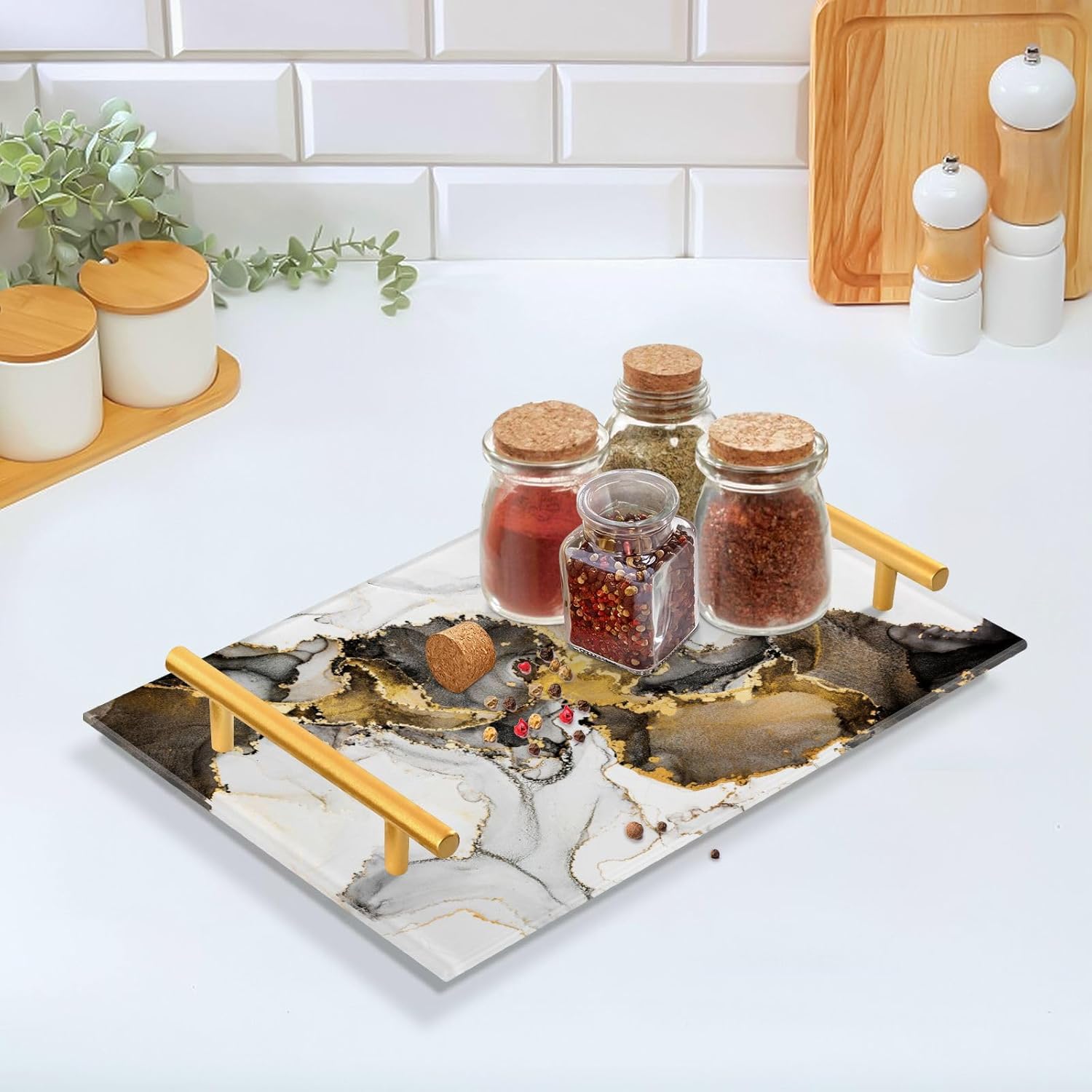 Bandeja decorativa de mármol para baño, encimera de mármol de oro blanco, bandejas de café de cocina, bandejas de café de acrílico, rectangular,