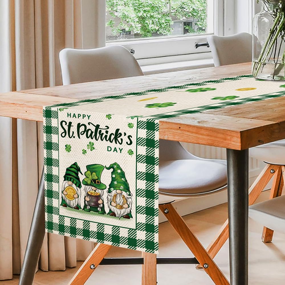 Camino de mesa Happy St Patrick’s Day Buffalo Plaid Three Gnomes Irish Green Lucky Shamrock Camino de mesa de decoración de mesa de cocina comedor