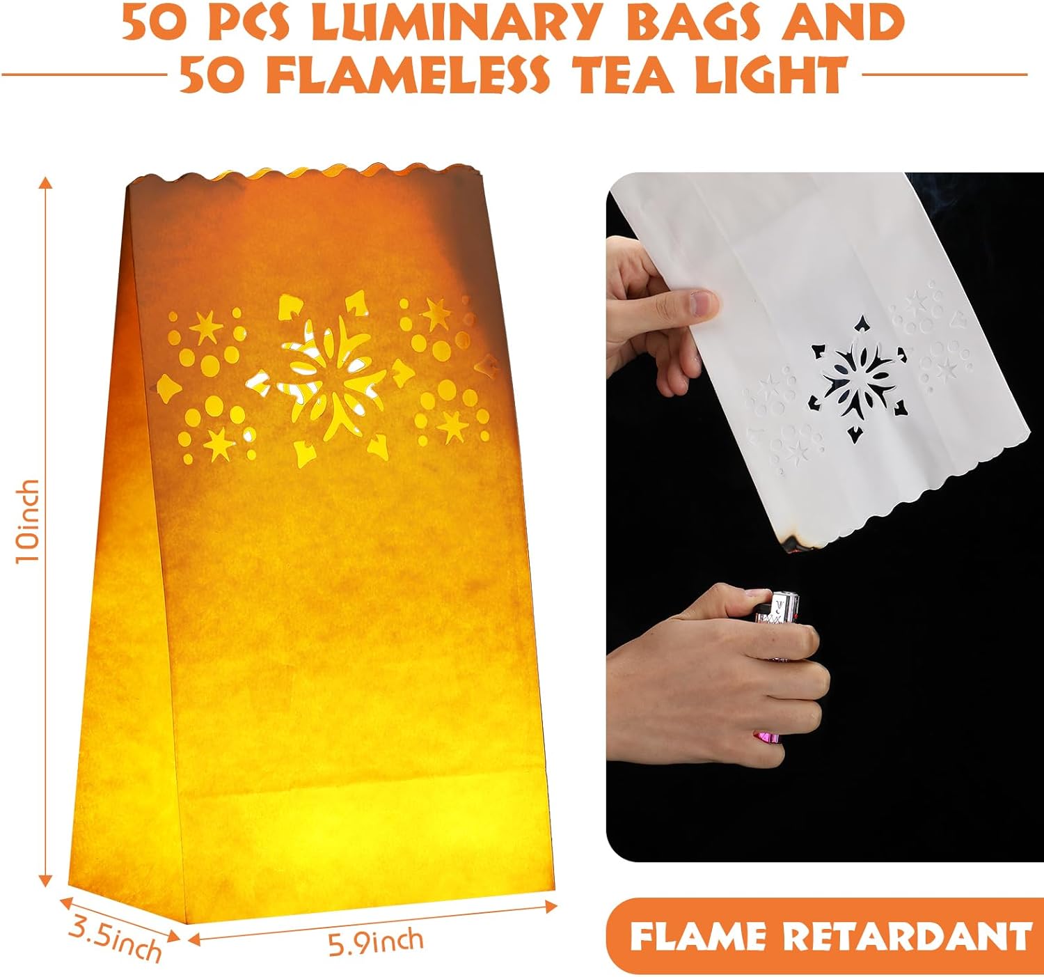 50 juegos de bolsas de luminarias con velas que incluyen 50 velas LED sin llama, velas de té LED y 50 bolsas luminarias para Navidad, Acción de