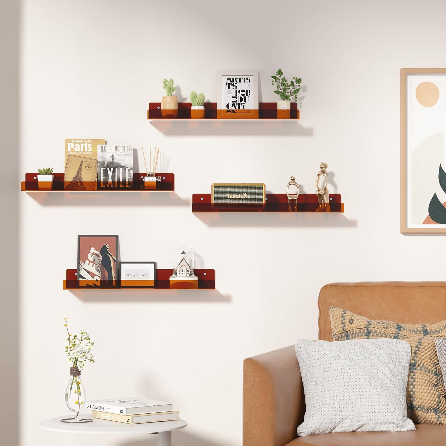 upsimples Estantes de acrílico marrón transparente para almacenamiento en la pared, estantes flotantes de acrílico de 15 pulgadas montados en la