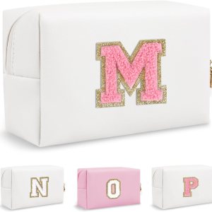 Biileen Bolsa de maquillaje preppy inicial personalizada Pequeña bolsa de carta de chenilla de viaje linda, blanco-1 Biileen Bolsa de maquillaje preppy inicial personalizada Pequeña bolsa de carta de chenilla de viaje linda, blanco-1