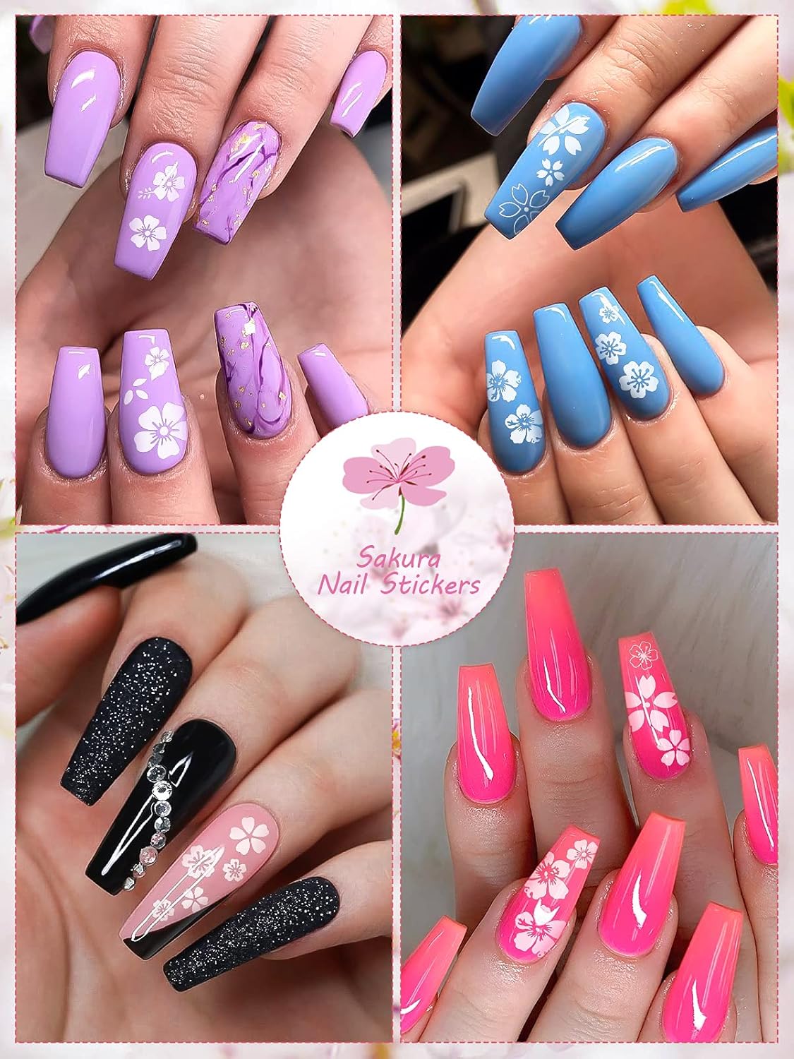 EBANKU – Calcomanías para uñas de flor de cerezo, 8 hojas autoadhesivas de flores blancas para uñas acrílicas, suministros de arte de uñas para
