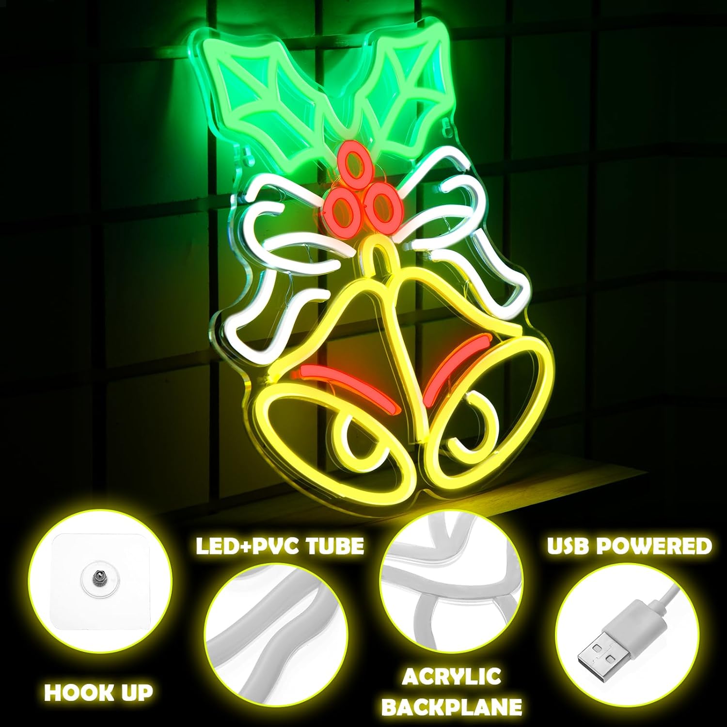 Campanas de Navidad, luces de neón, luces LED de Navidad, decoraciones de Navidad, letreros iluminados para Navidad, Año Nuevo, decoración del