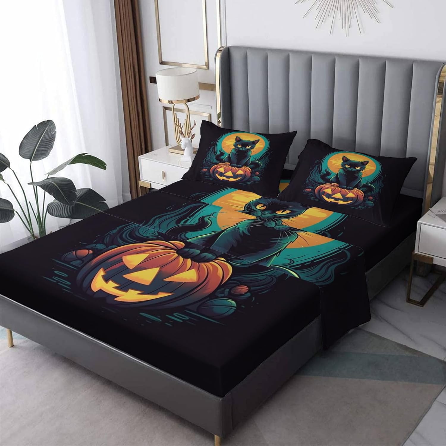 Sábanas de Halloween divididas tamaño King para cama ajustable, sábanas de calabaza de gato negro, sábanas y juego de 5 piezas, microfibra suave con